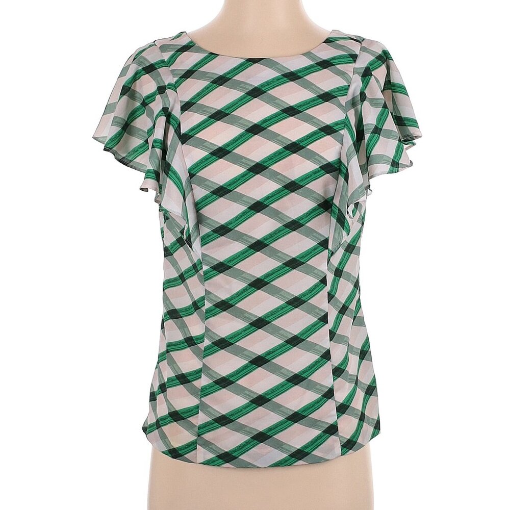 BOGO FREE,Banana Republic checked summer Kelly Green, Pink Ruffle blouse, size 4